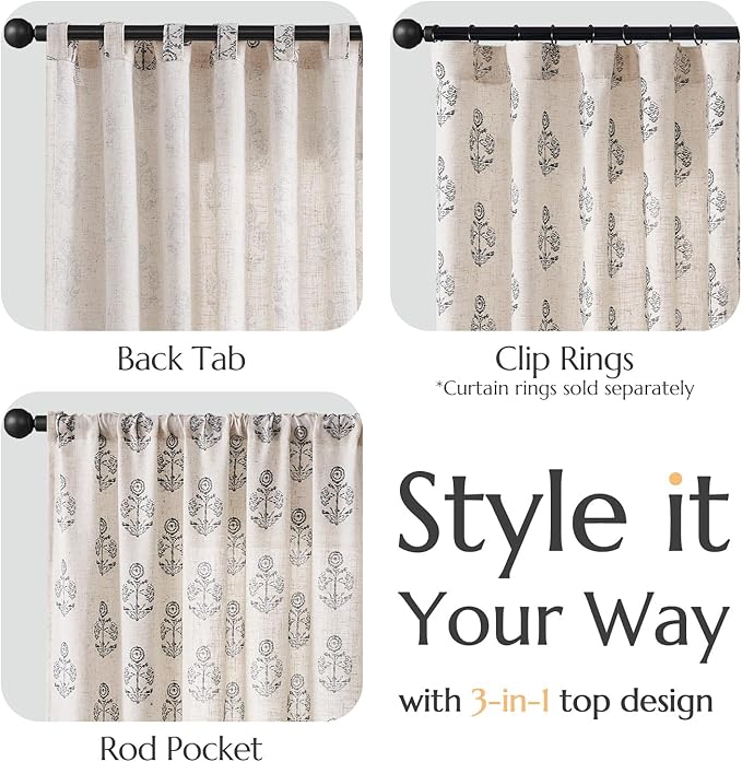 jinchan Linen Floral Curtains for Living Room 84 Inch Length Black Flower Cottage Core Farmhouse Curtains Rod Pocket Back Tab Boho Semi Sheer Window Drapes Bedroom Set 2 Panels Black on Beige - Image 6