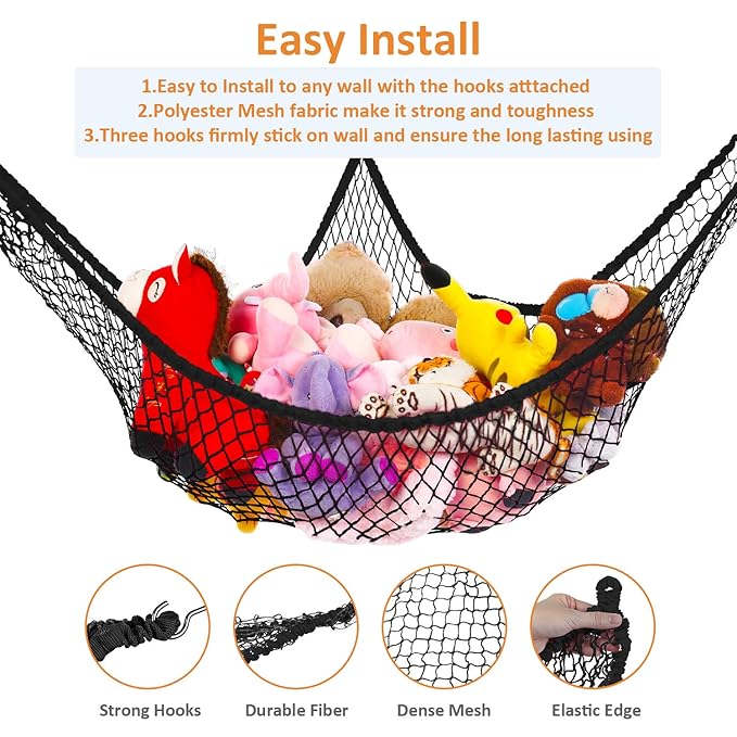 Stuffed Animal Hammock, Jumbo Toy Storage Net 83" Wall Sling Corner Extra Large Kids Children Mesh Toy Net Organizer (Black, 83 Inch) - Image 2