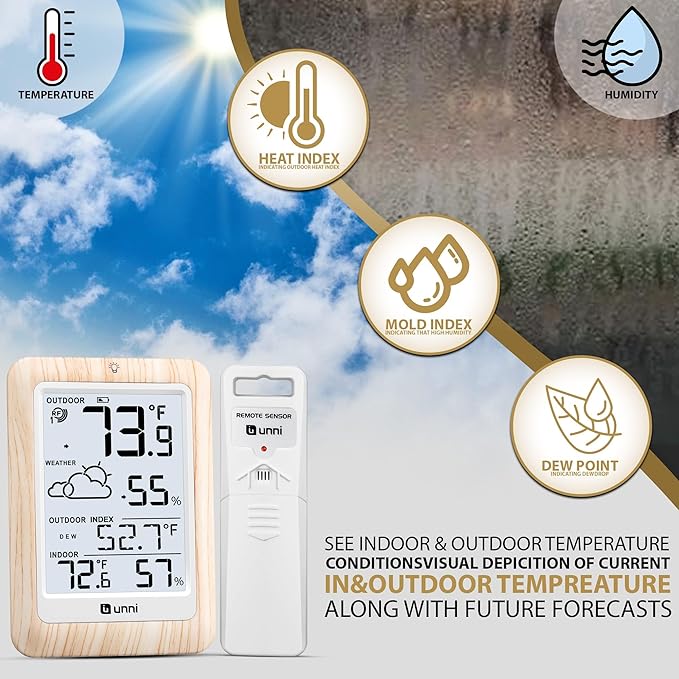 Indoor Outdoor Thermometer Wireless Weather Station, Temperature Humidity Monitor Battery Powered Inside Outside Thermometers with 330ft Range Remote Sensor and Backlight Display（Wood） - Image 2