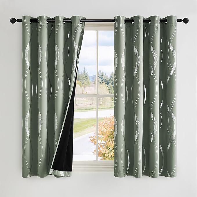 NICETOWN 100% Blackout Greyish Green Blackout Curtain Panels for Bedroom 72 inch Long, Thermal Insulated Wave Line Foil Print Design Drapes for Patio Sliding Glass Door, 52" x 72", 2 Panels by NICETOWN