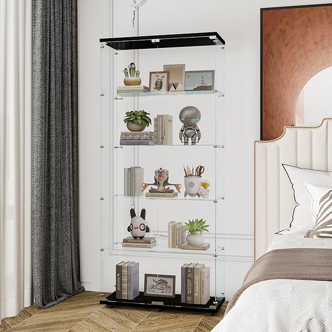 Yoluckea 5 Shelves Glass Display Cabinet with 2 Doors, Floor Standing Clear Glass Curio Cabinet Collection Display Case for Living Room Bedroom 73.82” x 31.69” x 14.37” Black - Image 4