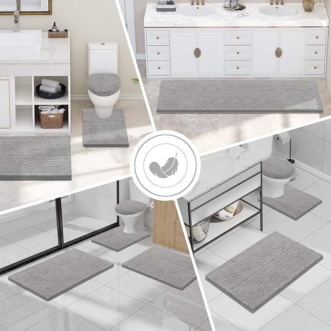 Smiry Luxury Chenille Bathroom Rugs 47x17, Extra Soft and Absorbent Shaggy Bath Mat, Machine Washable, Non-Slip Plush Carpet Runner for Tub, Shower, and Floor, Home Decor Accessories, Light Grey - Image 8
