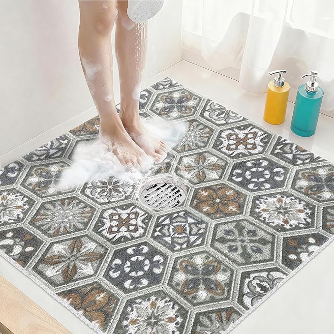 Square Shower Mat Non Slip: 24x24 Inch Extra Large Shower Mats for Inside Shower, Anti Slip Shower Floor Mat, Loofah Shower Stall Mats for Elderly, Non Slip Shower Mat with Drain Hole in Middle by KAZOLEN