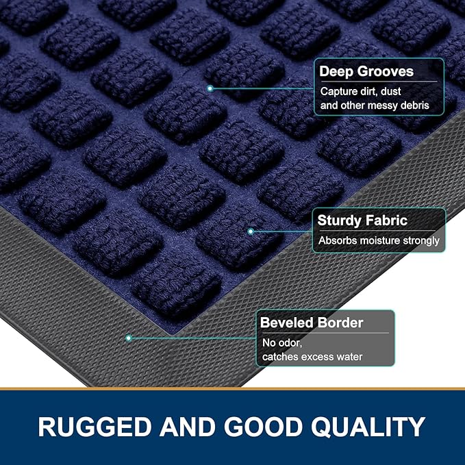 Smiry Front Door Mat Outside Entrance, Heavy Duty Natural Rubber Doormat, Non Slip, Trap Dirt and Moisture, Easy Clean, Low Profile Welcome Floor Mats for Indoor Outdoor Entry, 59x34 Inch, Navy Blue - Image 3