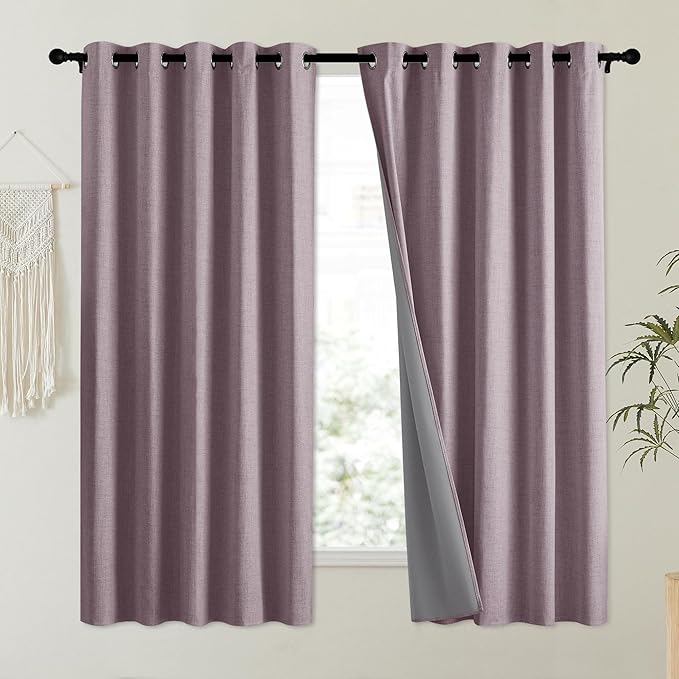 NICETOWN Chaise Mauve Vintage Linen 100% Blackout Curtains for Kitchen, Thermal Insulated Curtains 63" Long, Noise Reducing Window Treatment Drapes for Dorm Room, 62" Wide Per Panel, Set of 2 - Image 2