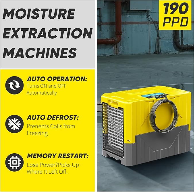 190PPD Commercial Dehumidifier with Pump for Basement-6000Sq.Ft. Warehouse, Large Space Crawl Space Dehumidifier for Efficient Water Damage Restoration-Auto Defrost, Memory Starting, Yelow - Image 2