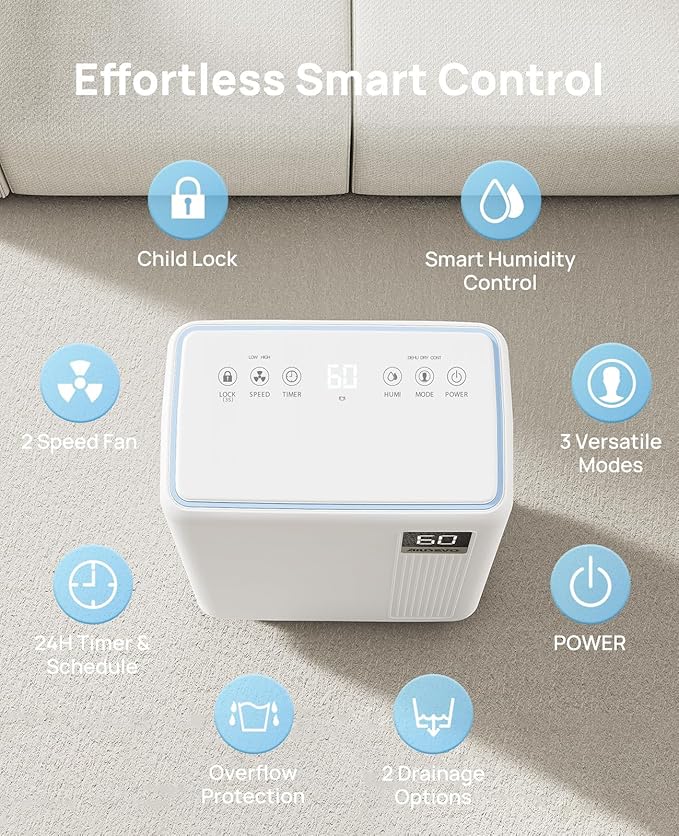 30 Pint Dehumidifier for Basement, 2500 Sq. Ft Dehumidifiers for Home with Drain Hose, 3 Modes, Smart Humidity Control, 24H Timer, 0.52 Gal Water Tank, for Whole House, Bedroom, Bathroom, Garage, Rv - Image 8