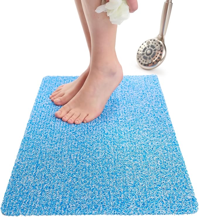 ENKOSI Loofah Non-Slip Shower and Bath Mat - Soft Cushioned Comfort - No Suction Cups for Smooth or Textured Tubs - Fast Draining - Safety for Bathroom, Family, Kids, and Elderly (24x16 Aqua Blue) by ENKOSI