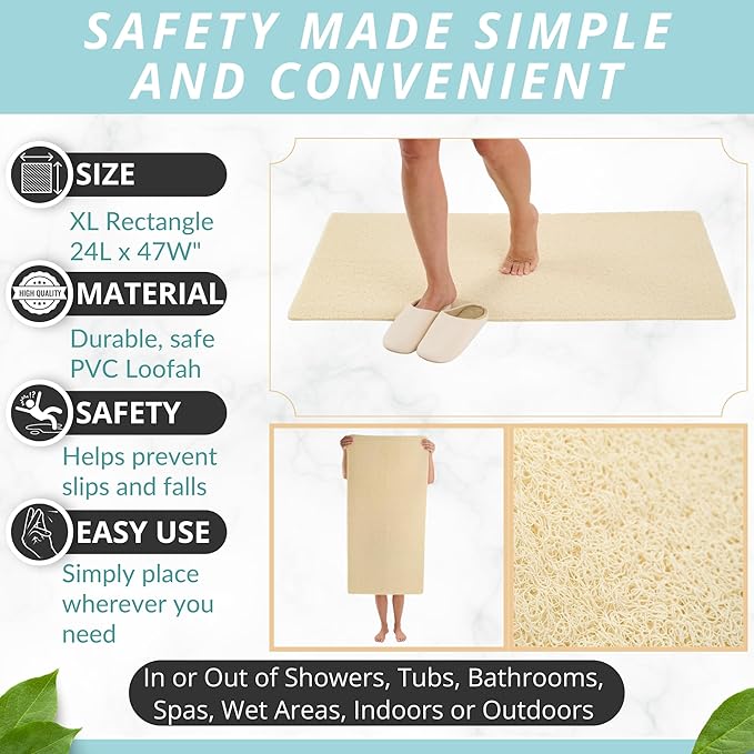 Anti Slip Shower Mat - Non Slip Shower Mats for Inside Shower - Large 47x24 Loofah Shower Floor Mat Non Slip - Bath Mat for Shower - Secure Mat Without Suction Cups (47x24 Light Beige) - Image 3