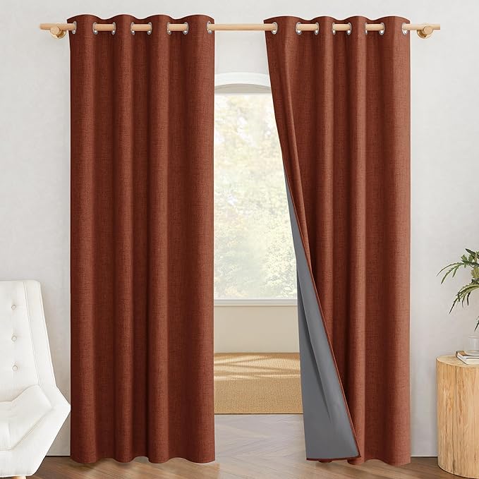 NICETOWN 100% Absolutely Blackout Linen Curtains with Thermal Insulated Liner, 52" Wide, 2 Panels, 90" Long Drapes, Grommet Retro Burnt Orange Linen Curtains Vertical Drapes Privacy for Bedroom - Image 2