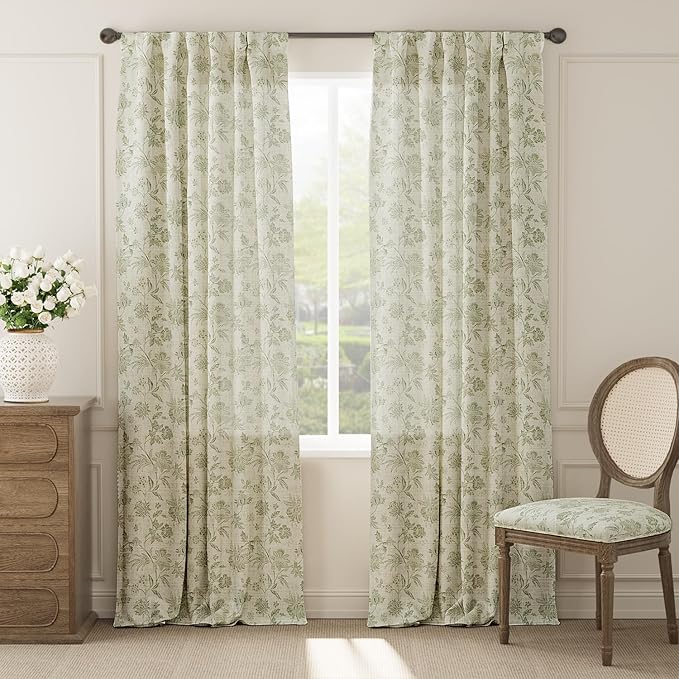 jinchan Linen Floral Curtains for Living Room with Printed Flower 96 Inches Long Light Filtering French Country Back Tab Rod Pocket Sage Green Window Curtain Set Farmhouse Drapes 2 Panels - Image 2