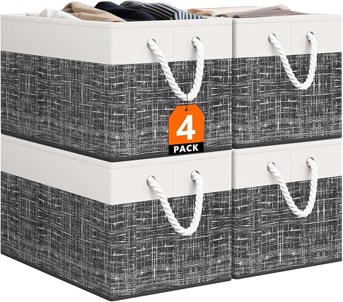 Storage Bin,Collapsible Storage Basket For Organizing,Large Storage Boxes With Rope Handles,Storage Containers,White & Black,4 Pack by StorageTastic