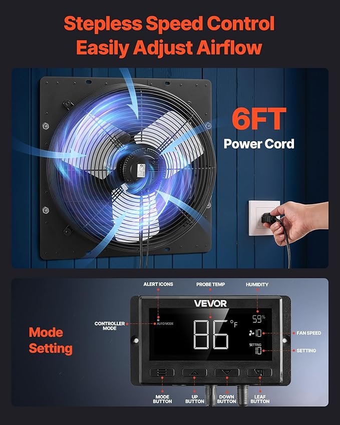 VEVOR 16 inch Exhaust Fan, Wall Mounted Attic Fan with Variable Speed, Temperature & Humidity Controller, 3000 CFM, Automatic Shutter - Image 6