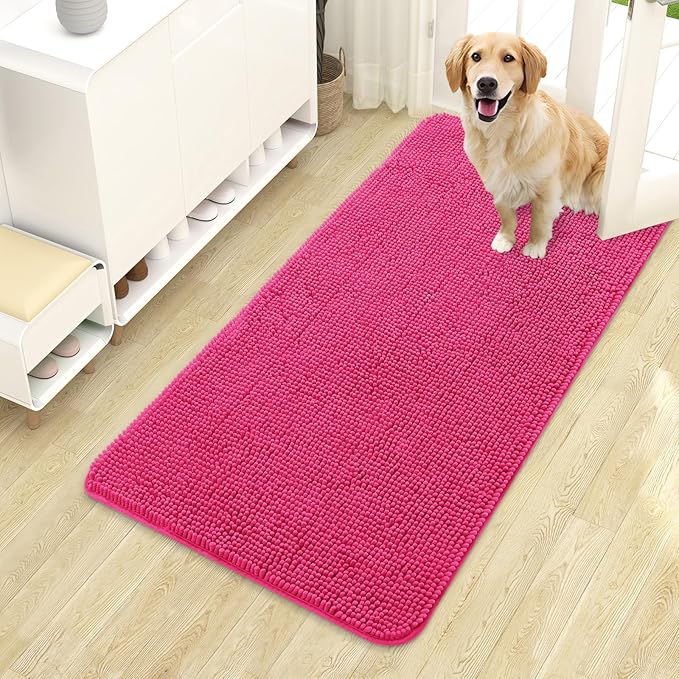 OLANLY Dog Door Mat for Muddy Paws 44x24, Absorbs Moisture and Dirt, Absorbent Non-Slip Washable Doormat, Quick Dry Chenille Mud Mat for Dogs, Entry Indoor Entryway Carpet for Inside Floor, Hot Pink by OLANLY