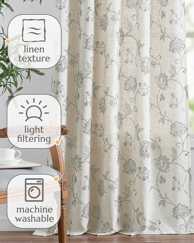 jinchan Linen Curtains Floral Curtains 96 Inch Length for Living Room Bedroom Light Filtering Rod Pocket Back Tab Jacobean Curtains Flax Linen Texture Window Drapes Set 2 Panels Dark Grey on Linen - Image 4