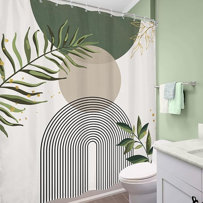 Sage Green Boho Shower Curtain 72Wx78H Modern Abstract Green Gold Leaves Bohemian Plant Botanical Minimalist Arch Bathroom Decor Geometric Neutral Bath Curtain Fabric Polyester 12 Pack Hook - Image 4