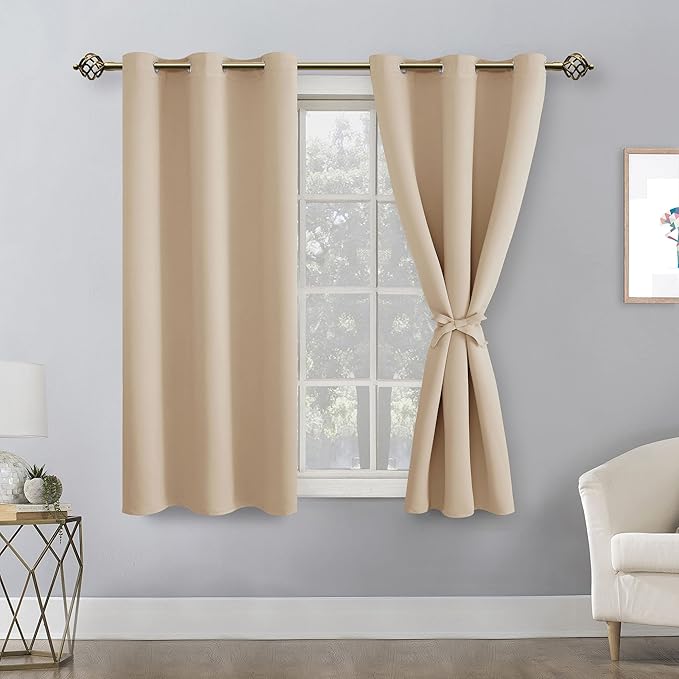 Hiasan Short Blackout Curtains for Bedroom - Thermal Insulated & Energy Saving Window Curtains for Living Room, 2 Drape Panels Sewn with Tiebacks, Beige, 38 x 45 Inch - Image 2