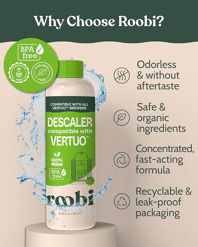 Nespresso Vertuo Compatible Descaling Solution. Eco-Friendly Formula to Clean & Descale Your Nespresso Vertuoline Machine. 2 Uses per Bottle, 2 Pack. Carbon Neutral Vertuo Descaling Kit. - Image 4
