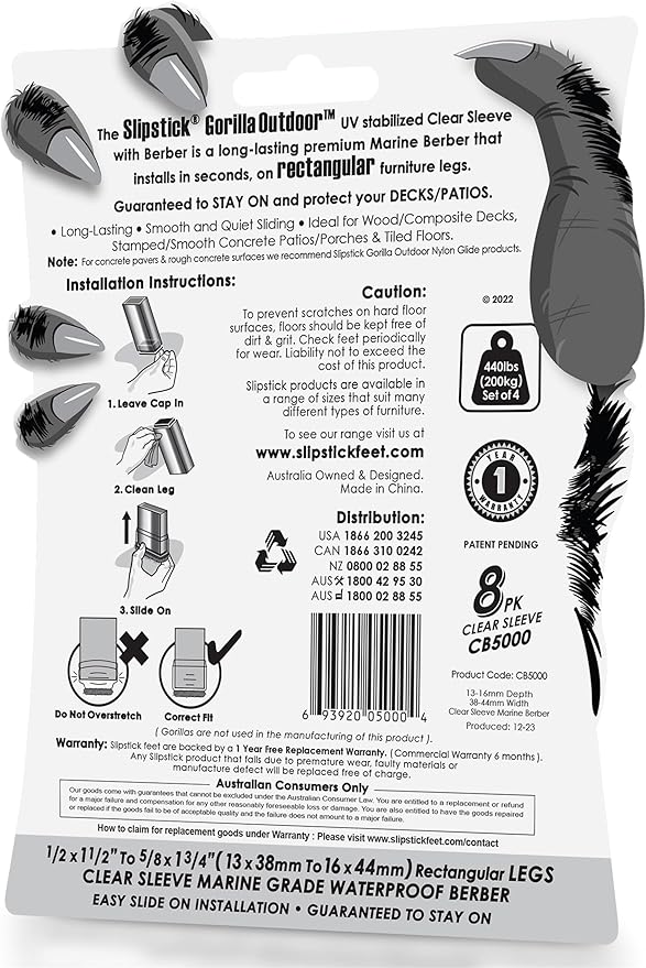 Slipstick GorillaOutdoor Berber Furniture Feet Pads with Clear Sleeve Sock (8 Pack) Weatherproof Outdoor Furniture Sliders for Medium Rectangular Legs - Image 6