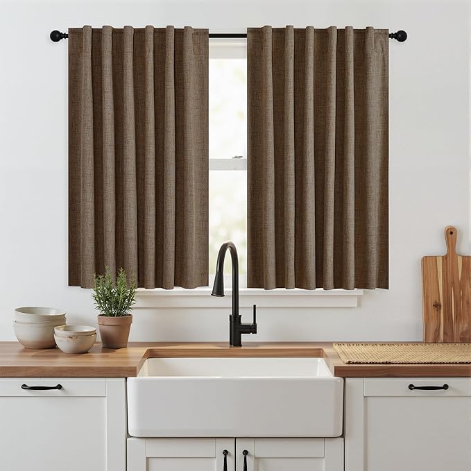RYB HOME Coffee 100% Blackout Short Curtains 52 Width 45 inch Length, Light Blocking & Thermal Insulated Curtains for Kitchen/Small Window/Bathroom/Basement, 2 Panels by RYBHOME