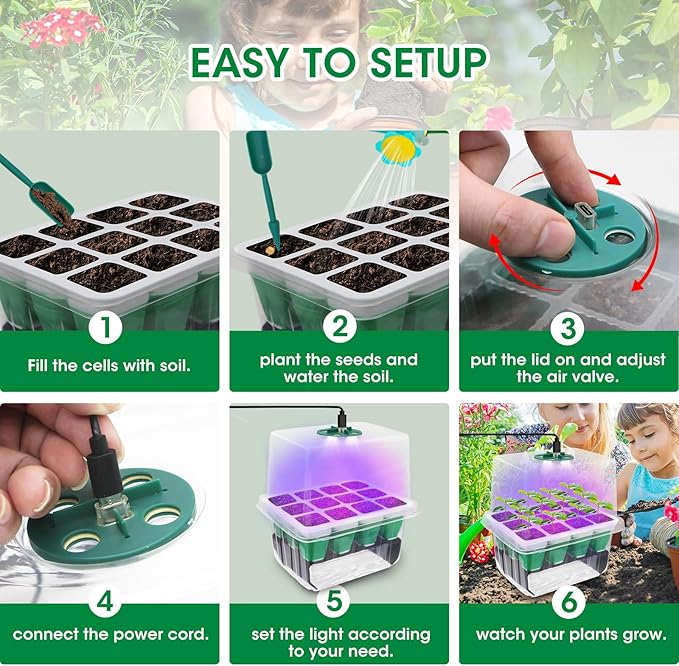 Seed Starter Tray with Grow Light,5 Pack 60 Cells Seedling Tray Kit Reusable & Dishwasher Safe for Starting Vegetable, Flower & Herb Seeds Indoor Grow Kit for Deep-Rooted Seedlings - Image 7