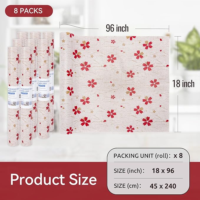 FIFTY FEET 18"x96" Non-Adhesive Shelf Liner for Kitchen Cabinets and Drawers, Washable Non-Slip PVC Cabinet Liner (Red Floral)(8 Roll) - Image 5