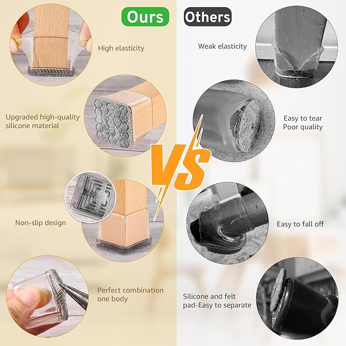 24PCS Extra Small Chair Leg Floor Protectors, Furniture Sliders, Chair Leg Protectors for Hardwood Floors, Non-Slip Felt Furniture Pads, Square Silicone Cap Covers to Protect Floors(Fit 0.5" - 0.75") - Image 4