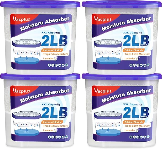 Vacplus Moisture Absorber Buckets – Large Capacity Dehumidifier and Humidity Absorber for Closet, Basement, Bathroom, RV, and Storage Areas, Lavender, 2 lbs, 4 Pack by Vacplus