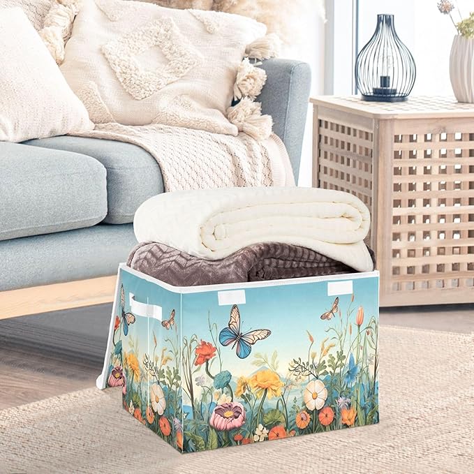 xigua Colorful Flower Pattern Storage Bins with Lids and Carrying Handle,Foldable Storage Boxes Organizer Containers Baskets Cube with Cover for Home Bedroom Closet Office - Image 5