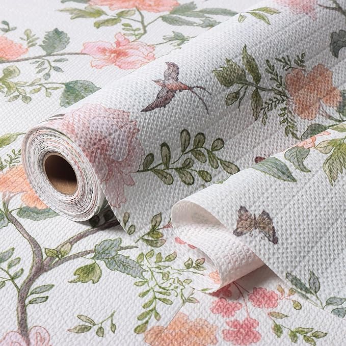 Bird Floral Shelf Liners Non Adhesive and Strong Non-Slip Shelf and Drawer Liners for Kitchen Cabinet Wire Fridge, Waterproof Shelf Drawer Liner,Easy to Clean,12IN x 10FT by Amiitay