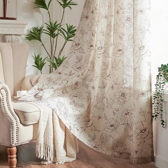 jinchan Floral Linen Curtains for Living Room 63 Inch Length Brown Flower Curtain Rod Pocket Back Tab Farmhouse Curtains with Printed Floral Bedroom Window Curtain Set, 2 Panels Brown - Image 6