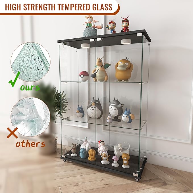 Yoluckea 3-Tier Glass Display Cabinet with LED Lighting, 2-Door Floor Standing Curio Cabinet with Universal Wheel for Home, Office, or Corner Display, Black Glass Bookshelf for Collections and Decor - Image 6