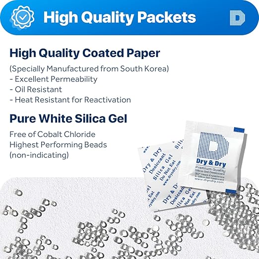 Dry & Dry 1 Gram [100 Packets] Silica Gel Packets Desiccants, Silica Packets - Rechargeable Silica Gel Packs, Desiccants Packets, Silica Gel - Image 2