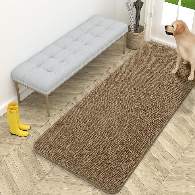 OLANLY Dog Door Mat for Muddy Paws 59x24, Absorbs Moisture and Dirt, Absorbent Non-Slip Washable Doormat, Quick Dry Chenille Mud Mat for Dogs, Entry Indoor Entryway Carpet for Inside Floor, Tan by OLANLY