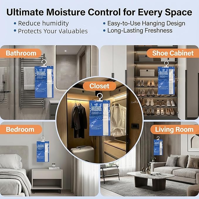 Dehumidifier Bags Hanging Moisture Absorbers – 4 Packs Dehumidifiers for Home Closet Bathroom Basement, Hanging Bag Desiccant Packs for Bedroom RV Camper, Odor Absorber Household Essentials - Image 6