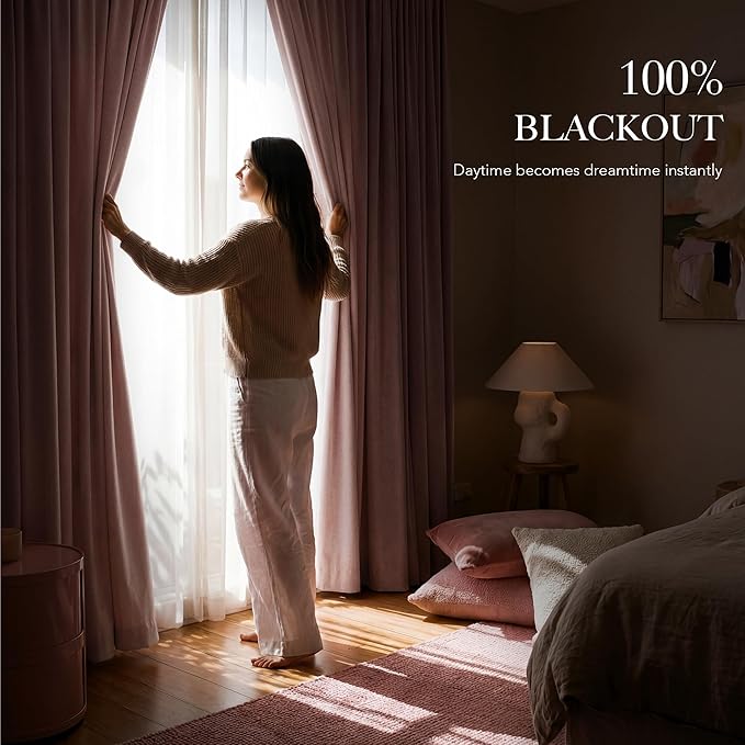 RYB HOME Pink 100%Blackout Linen Curtains for Girl's Room W52 x L84, Thermal Insulated &Privacy Assurd Curtains for Bedroom/Nursery/Living Room, Rod Pocket&Back Tab Drapes Boho Vintage Style, 2 Panels - Image 3