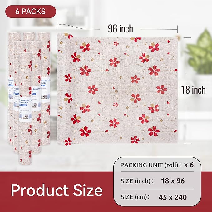 FIFTY FEET 18"x96" Non-Adhesive Shelf Liner for Kitchen Cabinets and Drawers, Washable Non-Slip PVC Cabinet Liner (Red Floral)(6 Roll) - Image 5