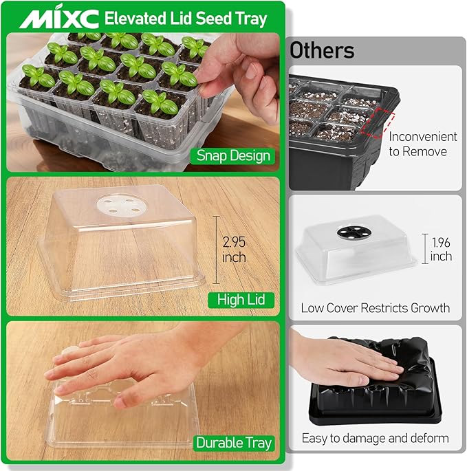 MIXC Seed Starter Tray with Elevated Lid, 120 Cells Seed Starter Kit with Adjustable Humidity Dome, Drainage Hole, Clear Heightened Lids for Indoor Outdoor Greenhouse Gardens, 10 Pack, Transparent - Image 4