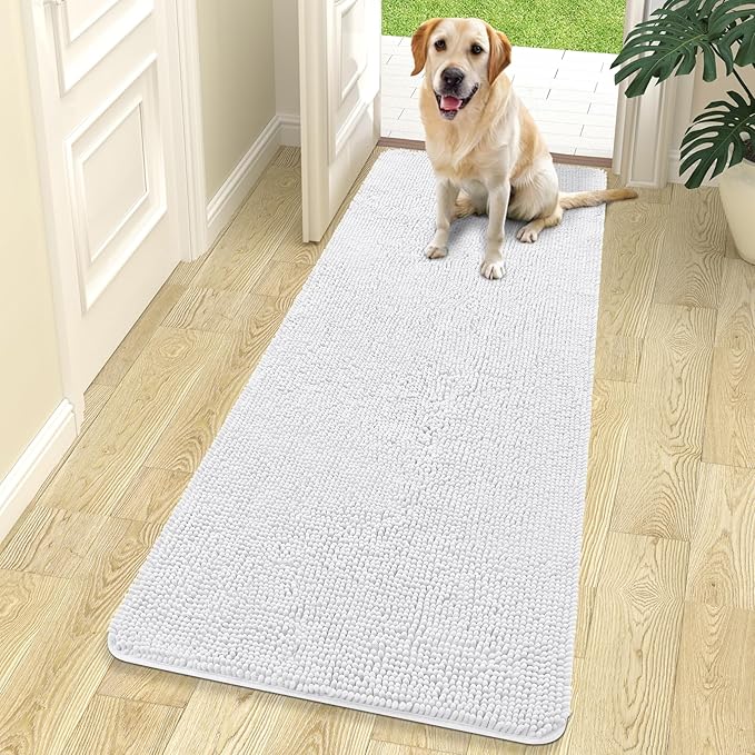 OLANLY Dog Door Mat for Muddy Paws 70x24, Absorbs Moisture and Dirt, Absorbent Non-Slip Washable Doormat, Quick Dry Chenille Mud Mat for Dogs, Entry Indoor Entryway Carpet for Inside Floor, White by OLANLY