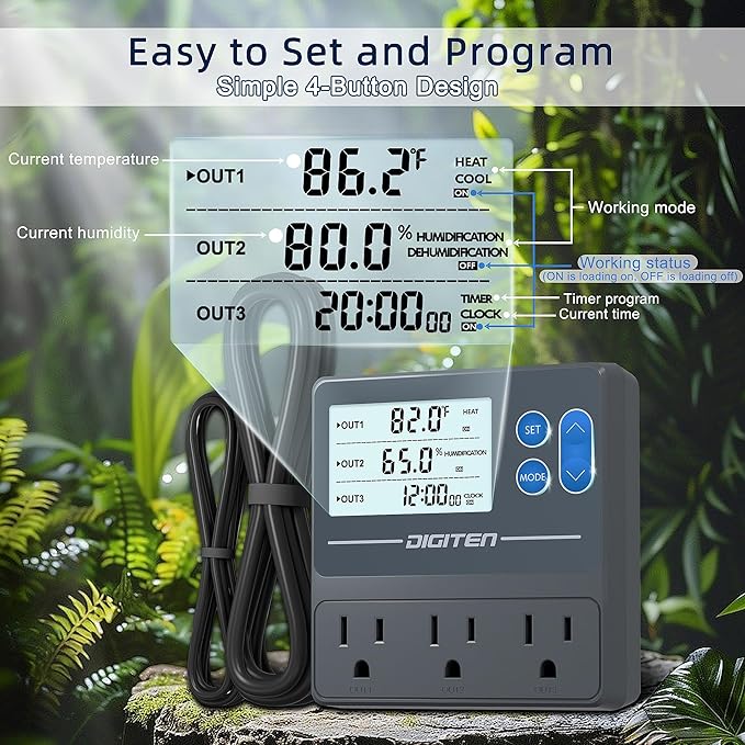 DIGITEN Reptile Temperature and Humidity Controller with Timer Outlet, Day-Night Function Thermostat, 3-Stage Outlet Plug in Temperature Controller for Reptile, Mushroom, Homebrew - Image 4