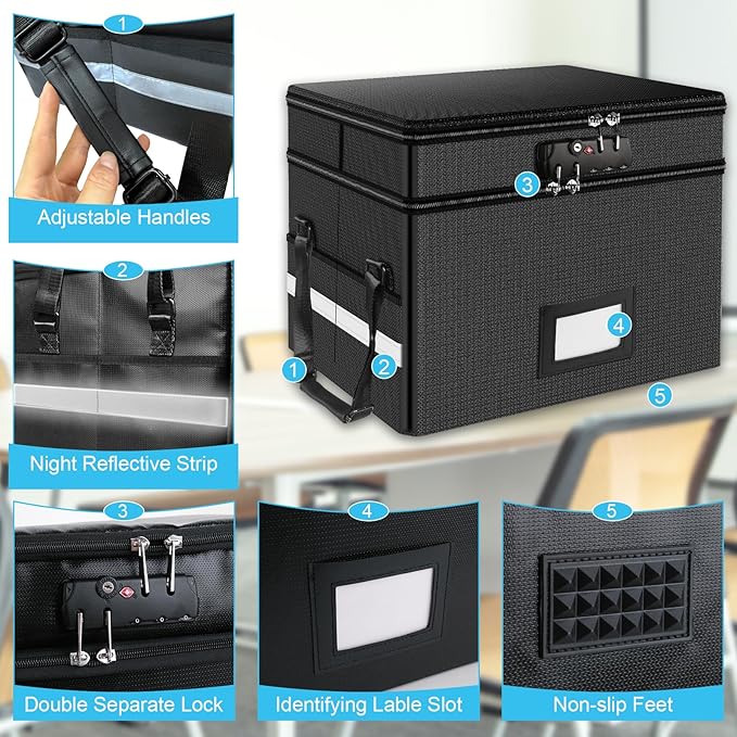 RHM Fireproof Document Box with Lock, 2 Layer Fire Proof File Box for Documents with Handle, Portable Home Office Fire Safe Document Box for Hanging Letter/Legal Folder/Certificate - Image 4