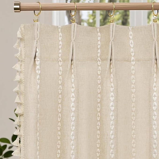 Beige Boho Farmhouse Window Curtain with Tassels, 30 x 36 Inch Light Filtering Sheer Short Cafe Window Curtain Tier, Linen Textured Pleated Small Window Drape for Kitchen or Bathroom, 1 Panel - Image 2