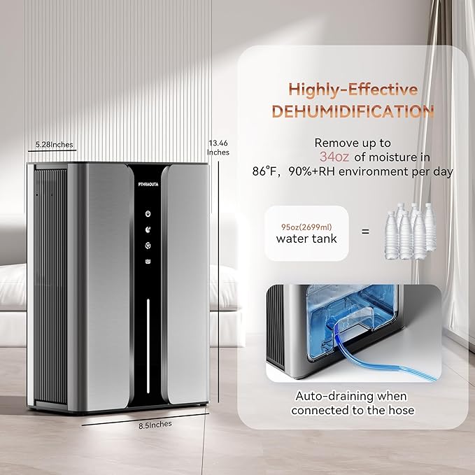 Home Dehumidifier with Drain Hose, (950 sq.ft) 95oz Quiet dehumidifier for Bathroom Bedroom, with Air Reusable Filter Indoor deshumidificador for Basement RV Closet - Image 2