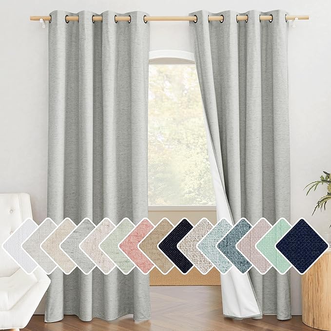 NICETOWN Grey Full Shade Room Warming Linen Curtain Panels 84 inches Long, Pair of Energy Smart & Noise Blocking Out Blackout Drapes for Guest Room Window, Thermal Insulated Lined Window Dressing by NICETOWN