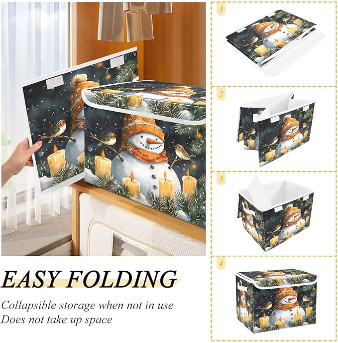 xigua Watercolor Snowman Storage Bins with Lids and Carrying Handle,Foldable Storage Boxes Organizer Containers Baskets Cube with Cover for Home Bedroom Closet Office Nursery - Image 4