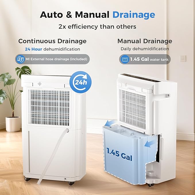 6,500 Sq Ft Smart Home Dehumidifier with Drain Hose, 1.45 Gallons Water Tank, 24 Hr Timer, 60 Pints, High Efficiency Compressor for Large Rooms,Basements, Bathrooms and Bedrooms - Image 6
