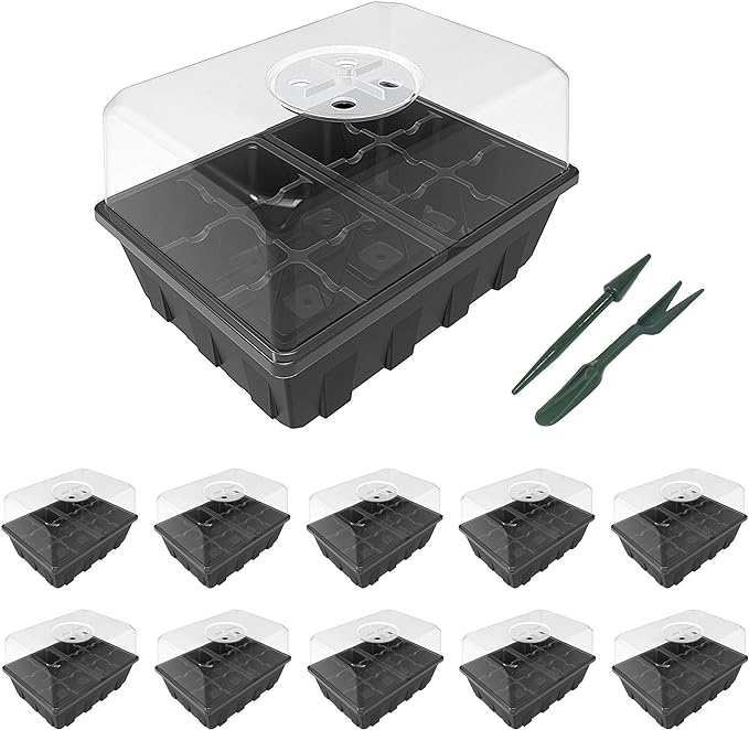 Gardzen 10 Pack Seed Starting Tray, Plant Germination Trays, Seed Starter Kit with Adjustable Humidity Vented Dome, Plant Growing Kit 6.6" x 4.5", Total 120-Cell, Clear by Gardzen