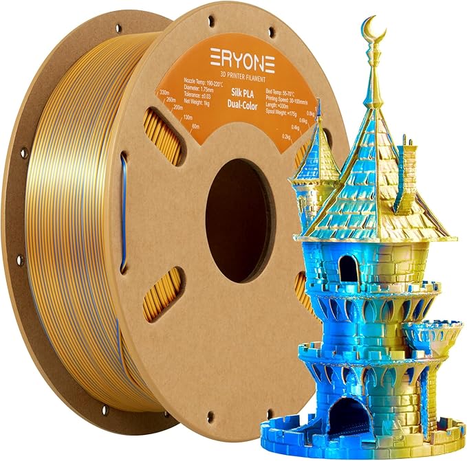 ERYONE Silk Dual Color PLA Filament 3D Printer 1.75mm +/- 0.03mm, Bicolor Filament Two Tone PLA 1KG(2.2lbs) Cardboard Spool, Gold Blue by ERYONE