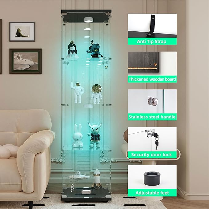 Yoluckea 4-Tier Glass Display Cabinet with Paipai Light, 1-Door Floor Standing Curio Cabinet with Adjustable Floor Feet for Home Office Corner Display, Black Glass Bookshelf for Collections and Decor - Image 3