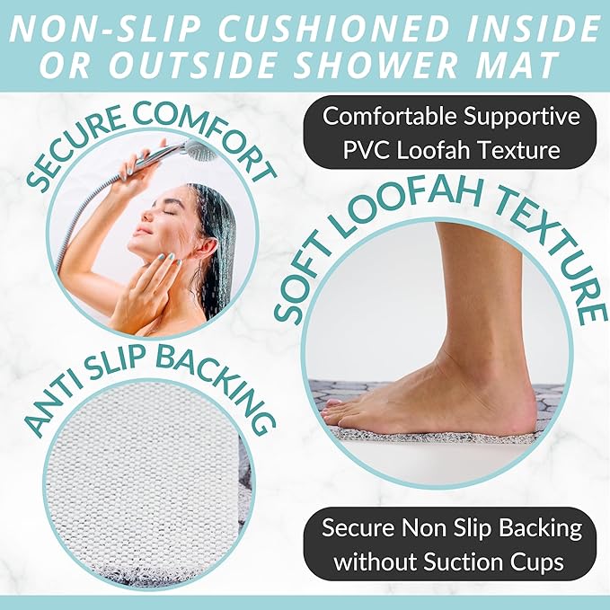 ENKOSI Loofah Non-Slip Shower and Bath Mat - Soft Cushioned Comfort - No Suction Cups for Smooth or Textured Tubs - Fast Draining - Safety for Bathroom, Family, Kids, and Elderly (24x16 Pebble Blue) - Image 2